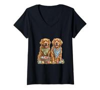 Mujer Feliz Pascua Golden Retriever Perros Cesta de Pascua Huevos de Pascua Camiseta Cuello V