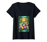 Mujer Feliz Pascua Vibrante Naturaleza Huevo Escena Camiseta Cuello V