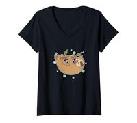 Mujer Feliz Perezoso Colgando en la Rama Camiseta Cuello V