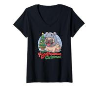 Mujer Feliz Pug Pugmas Pugopotamus Perro Gracioso Navidad Camiseta Cuello V