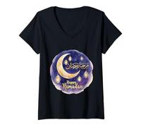 Mujer Feliz Ramadán Marhaba para Musulmanes Luna Creciente Linterna Camiseta Cuello V