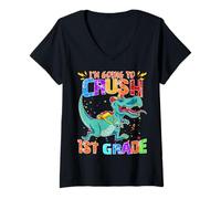 Mujer Feliz Regreso A La Escuela Mira Fuera Voy A Aplastar Primer Grado Camiseta Cuello V
