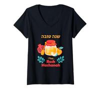 Mujer Feliz Rosh Hashaná Colorida Celebración Judía de Vacaciones Camiseta Cuello V