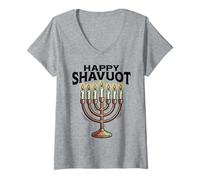 Mujer Feliz Shavuot Judaísmo de Menorá Camiseta Cuello V