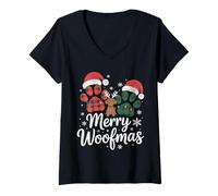 Mujer Feliz Woofmas Funny Paws Santa Hat Christmas Camiseta Cuello V