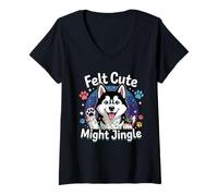 Mujer Felt Cute Might Jingle Navideño para Perros Husky Camiseta Cuello V