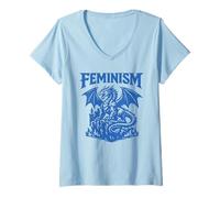 Mujer Feminista Dragón Feminismo Fantasía Empoderamiento Diseño Gráfico Camiseta Cuello V