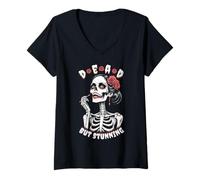 Mujer Feminista Halloween Muerta Pero Impresionante Mujer Zombi gótica Camiseta Cuello V