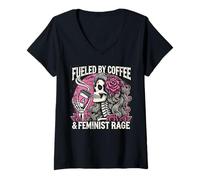 Mujer Feminista impulsada por el esqueleto del café Pro Choice Rage Feminismo Camiseta Cuello V