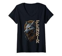 Mujer Fenrir Lobo Nórdico Círculo Rúnico Ragnarök Arte Vikingo Camiseta Cuello V