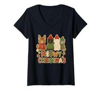 Mujer Feowy Christmas, Lindos Gatos de Catmas, Retro, Vacaciones Camiseta Cuello V