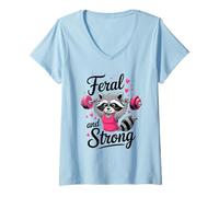 Mujer Feral and Strong Breast Cancer Awareness Gym Raccoon Camiseta Cuello V