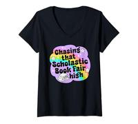 Mujer Feria del Libro Retro Mujer Lectura Profesora Bibliotecaria Camiseta Cuello V