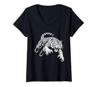 Mujer Feroz Tigre Pounce Line Art Wild Predator Diseño Gráfico Camiseta Cuello V