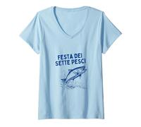 Mujer Festa Dei Sette Pesci Marisco Italiano Camiseta Cuello V