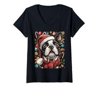 Mujer Festive Boston Terrier con Gorro de Papá Noel, Invierno, Navidad Perro Camiseta Cuello V