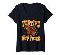 Mujer Festive But Fried Turkey Thanksgiving Tired Mom, Dad, Family Camiseta Cuello V