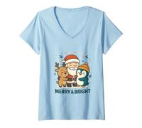 Mujer Festive Smiles Santa Penguin Rindeer Design Camiseta Cuello V