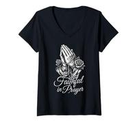 Mujer Fiel En Oración Orando Manos Rosario Vintage Grunge Arte Camiseta Cuello V