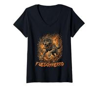Mujer Fierce Wolf Rompiendo Cadenas Fuego Hierro Motivación Arte Gráfico Camiseta Cuello V