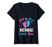 Mujer Fiesta de Baby Shower de revelación de género Rosa o Azul Nonna Loves You Camiseta Cuello V