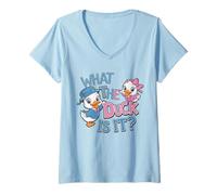 Mujer Fiesta de Baby Shower de revelación de género What The Duck Is It Camiseta Cuello V