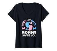 Mujer Fiesta de Baby Shower Rosa o Azul con Texto en inglés Mommy Loves You Camiseta Cuello V