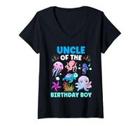 Mujer Fiesta de cumpleaños submarina del tío niño del océano y animales marinos Camiseta Cuello V