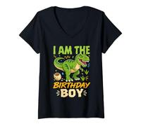 Mujer Fiesta de Dinosaurios T Rex I Am The Birthday Boy Camiseta Cuello V