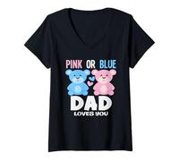 Mujer Fiesta de revelación de género Pink Or Blue Dad Loves You Bear Camiseta Cuello V