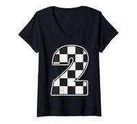 Mujer Fiesta de Segundo cumpleaños con la Bandera de Two Race Car Boy 2, Genial Camiseta Cuello V