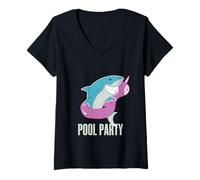 Mujer ¡Fiesta en la Piscina! Divertido Unicornio Inflable de Ataque de tiburón Blanco Camiseta Cuello V