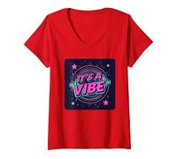 Mujer Fiesta Espacial Retro de neón It's A Vibe Camiseta Cuello V, Rojo, XXL