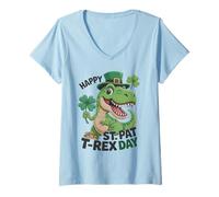 Mujer Fiesta San Patricio Pat T-Rex Day Kids Clover Irish Camiseta Cuello V