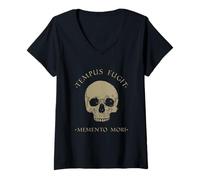 Mujer Filosofía estoica Tempus Fugit Memento Mori Cráneo Estoicismo Camiseta Cuello V