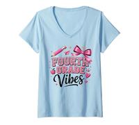 Mujer First Day of School Fourth Grade Vibes Camiseta Cuello V