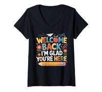 Mujer First Day of School Welcome Back I'm Glad You'Re Here Camiseta Cuello V