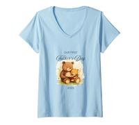 Mujer First Father's Day 2025 Cute Papa Bear Reading Book New Dad Camiseta Cuello V