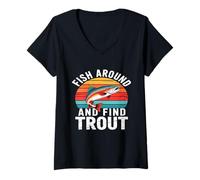 Mujer Fish Around and Find Trout Retro Fishing Camiseta Cuello V