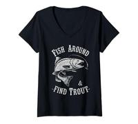 Mujer Fish Around and Find Trout - Vintage Fishing Meme Humor Camiseta Cuello V