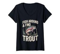Mujer Fish Around and Find Trout - Vintage Fishing Meme Humor Camiseta Cuello V