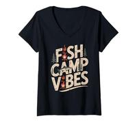 Mujer Fish Camp Vibes - Camiseta Divertida para Acampar y Pescar al Aire Libre Camiseta Cuello V