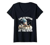 Mujer Fishing Grandpa Gnome For Dad Life Is Better At The River Camiseta Cuello V