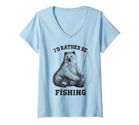 Mujer Fishing Pole Bear I'D Rather Be Fishing Funny Outdoors Camiseta Cuello V