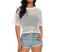 Mujer Fishnet Malla Tops Verano Transparente T Camiseta Manga Corta Blusa Sheer, Blanco, S