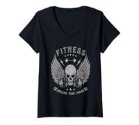 Mujer Fitness Skull Strength - Mejora tu motivación en el Gimnasio de Potencia Camiseta Cuello V