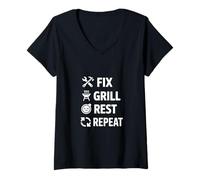 Mujer Fix Grill Rest Repeat Funny Dichos Verticales Mujeres Hombres Camiseta Cuello V