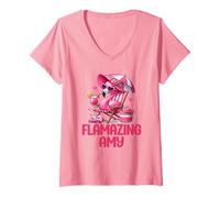 Mujer Flamazing Amy Pink Flamingo Tropical Beach Scene Mujer Camiseta Cuello V