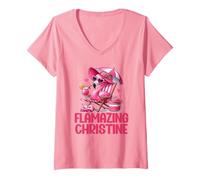 Mujer Flamazing Christine Pink Flamingo Tropical Beach Scene Mujeres Camiseta Cuello V