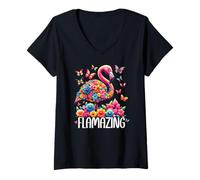 Mujer Flamazing Flamingo Pink Tropical Summer Floral Butterfly Camiseta Cuello V